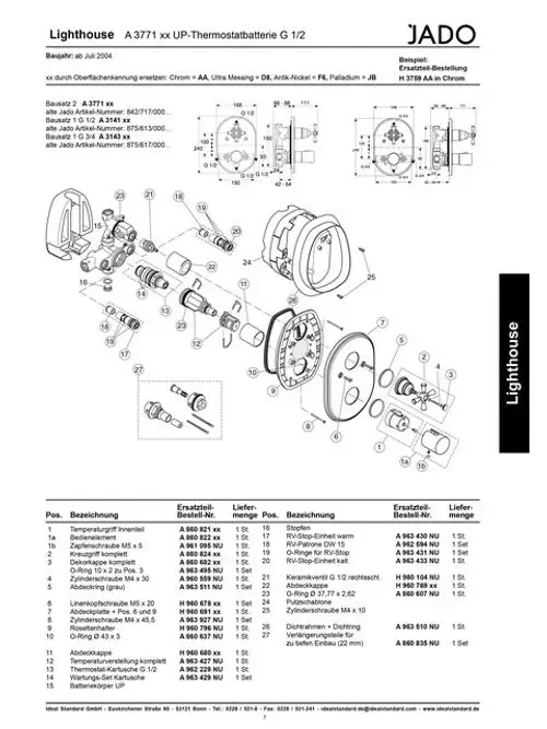 Schematische Darstellung von Bauteilen einer Thermostatbatterie von Ideal Standard, einschließlich Ersatzteilen und deren Bestellnummern.
